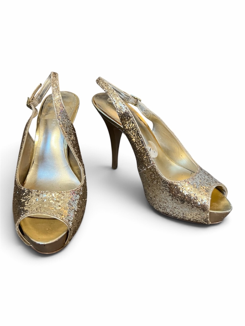 Nine West Gold Glitter Peep Toe Slingback Heels, Size 7.5